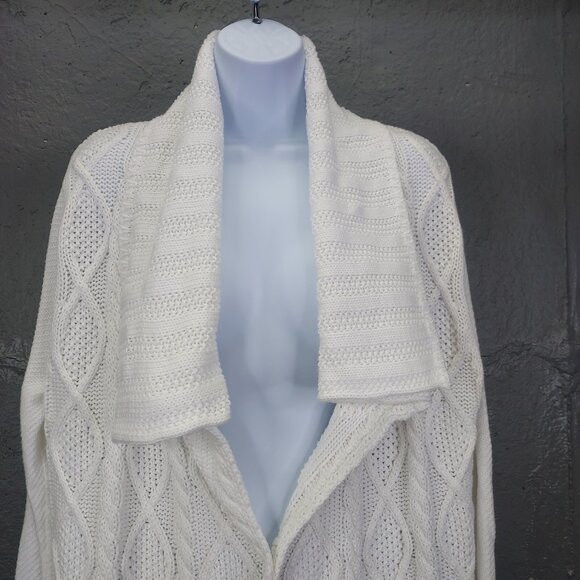 CAbi Cardigan Women Large White Cable Knit Open Shawl Collar Cotton Sweater #193 - Picture 3 of 12